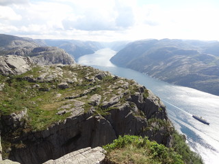 Fototapeta na wymiar View from Preikestolen over the beautiful Lysefjord in Norway