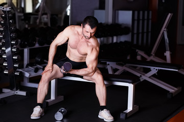 Strong healthy adult ripped man with big muscles training with dumbbells in gym