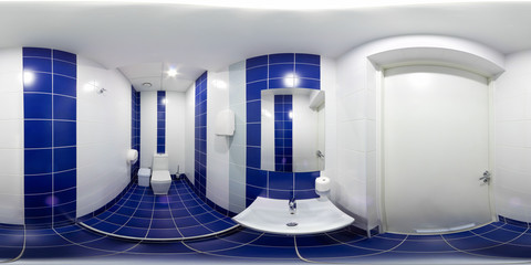 Panorama vr inside public wc inside the male changing room in a sports club of red color.