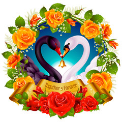 Vector Wreath of Roses, Couple Swans, Ribbon and Dawn Background. Black Cob and White Pen hold a Golden Bell. Birds Neck and Flowers in Heart Shape. Valentines Day Card or Wedding Invitation 