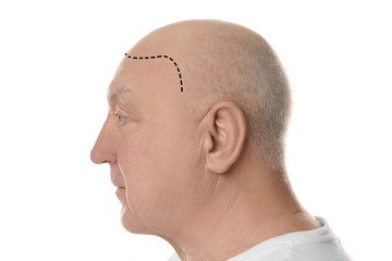 Bald senior man on white background