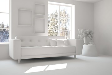 White room with sofa and winter landscape in window. Scandinavian interior design. 3D illustration