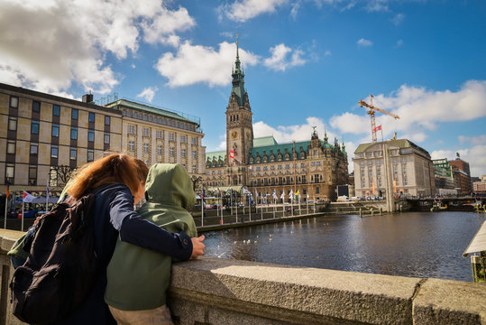 Mother and son. panoramic view of Hamburg, Germany