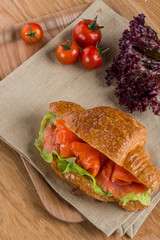 Bruschetta with fish salmon, vegetables, tomato, and sauce. Homemade fast food recipe dishes. 