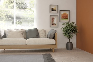 Fototapeta premium White room with sofa and green landscape in window. Scandinavian interior design. 3D illustration