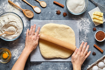 Dough work, bread, pizza or pie recipe homemade preparation. Female chef cook hands rolling dough...