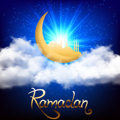Naklejka na ściany i meble Vector illustration for an Islamic holiday of Ramadan. The moon and the mosque on a night background with a star, clouds and glitter