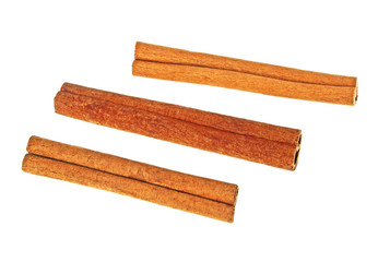 Three cinnamon sticks isolated on a white background, top view