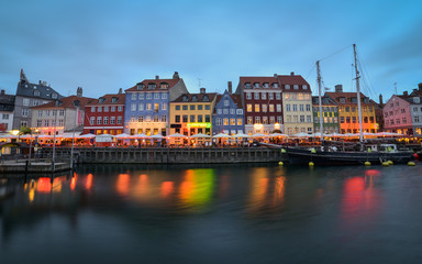 Fototapeta na wymiar Copenhagen Nyhavn Canal view at blue hour, April 2017