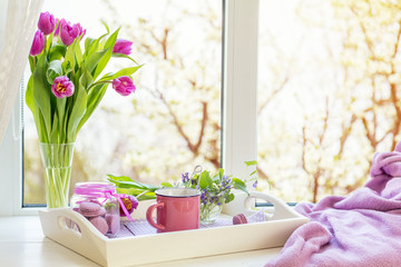 Cozy home concept. Purple fresh tulips in glass vase. Macaroons in glass jar. Cup of hot tea. White tray. Lilac blanket on the windowsill. Sunshine. Coloring and processing photo