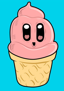 A nice strawberry Ice cream character in kawaii style. Vector illustration