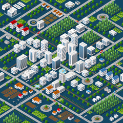 Isometric 3D megapolis city structure seamless pattern with streets, houses, trees and transport
