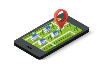 Isometric 3D navigation sign and pin symbol on mobile phone city urban map indicating the location and direction