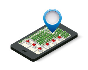 Isometric 3D navigation sign and pin symbol on mobile phone city urban map indicating the location and direction