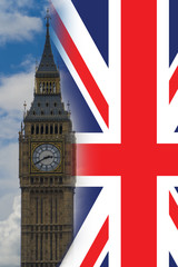 Plakat Big Ben against cloudy sky, London, United Kingdom with flag