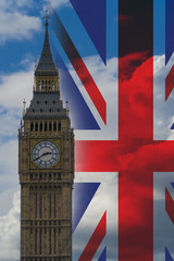 Fototapeta na wymiar Big Ben against cloudy sky, London, United Kingdom with flag