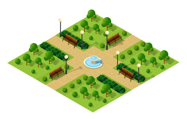 Isometric metropolis city park with streets and trees. Urban landscape top view