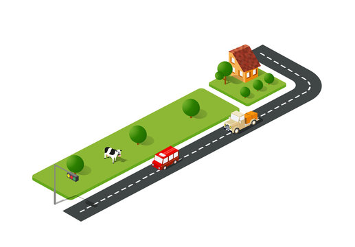 Urban Street Road Isometric Urban Landscape And Cow