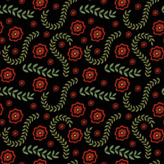 Embroidery trendy floral seamless pattern. Flowers ornament endless background, texture. Vector illustration