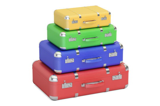 Stack of colorful travel suitcases, 3D rendering