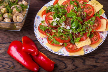 Vegetarian salad with cheese and tomatoes