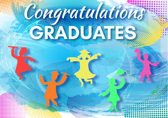 Graduation party background in paper art style with happy cartoon graduates. Vector illustration in carved craft style