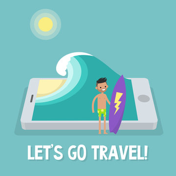 Travel concept. Mobile application. Augmented reality: young male character holding a surfboard near by the ocean. Flat editable vector illustration, clip art