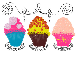 Hand drawn colorful set of cupcakes on the white background, isolated illustration painted by oil color, high quality