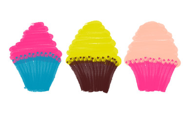 Hand drawn colorful cupcakes on the white background, isolated illustration painted by oil color, high quality