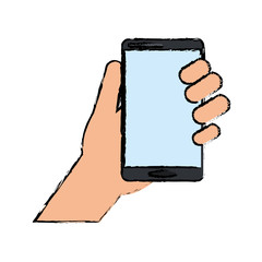 drawing hand holds smartphone device technology vector illustration eps 10