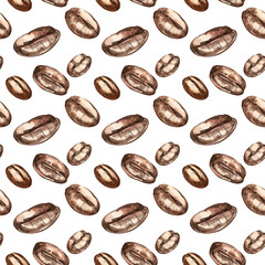 Hand drawn watercolor coffee seamless background. Isolated on white background.