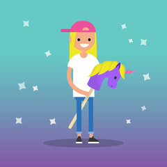 Kidult (kid + adult) conceptual illustration: young female adult riding a hobby horse / flat editable vector illustration