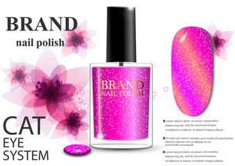 eps 10 vector advertising presentation poster of gel nail polish with cat eye shimmering formula. Innovation nail care cosmetics advertisement banner for web, print. Realistic brand cosmetic tube