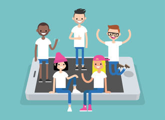 Social network concept. A multinational group of young people hanging out on the mobile screen / flat editable vector illustration, clip art