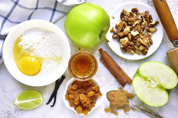 Ingredients for making traditional apple strudel .Top view with space for text.