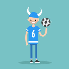 Young character wearing football form spinning a ball / flat editable vector illustration, clip art