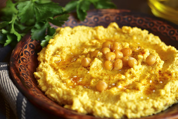 Homemade traditional lebanese chickpea hummus.