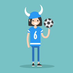 Young female character wearing football form spinning a ball / flat editable vector illustration, clip art
