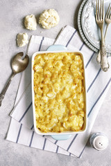 Mac and cheese with cauliflower in a baking dish .Top view.