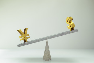 3D rendering of abstract Yuan and dollar on balance scale