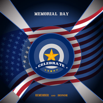 Memorial Day vector poster with medal and blue transparent shapes cut from paper and shadow on the gradient gray background with usa flag.