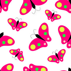 Pink butterfly on white background. Seamless pattern.