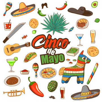 Cinco de Mayo celebration in Mexico, icons set, design element. Collection objects for Cinco de Mayo carnival with pinata, food, sambrero, tequila, cactus.