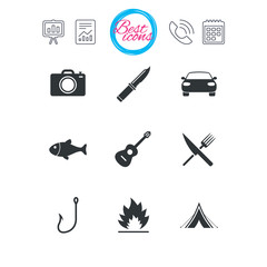 Camping travel icons. Fishing, tourist tent.