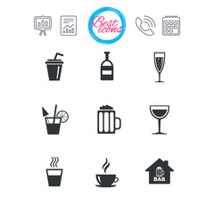 Coffee, tea icons. Alcohol drinks signs.