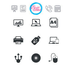 Computer devices icons. Printer, laptop signs.