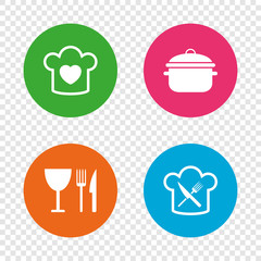 Chief hat, cooking pan icons. Fork and knife.