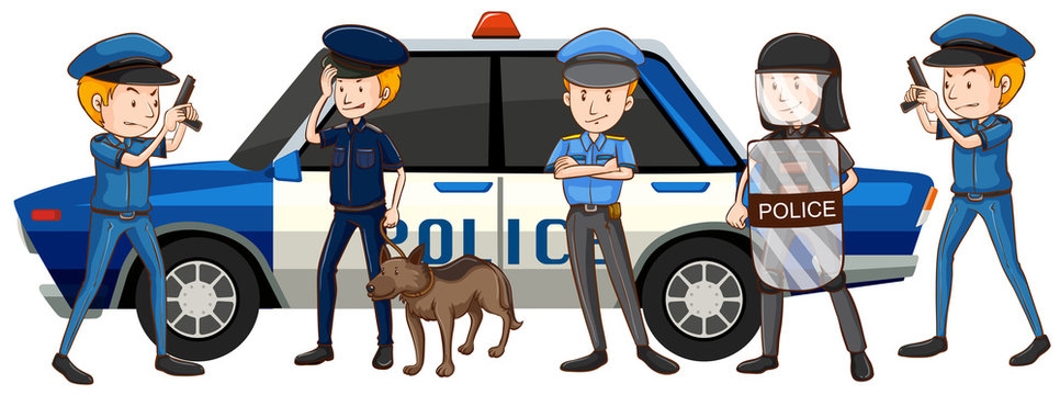 Policemen in different uniform by the car