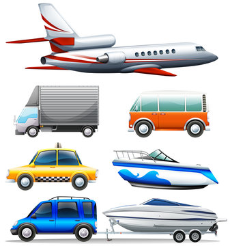 Different transportations on white background
