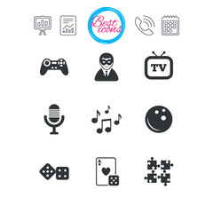 Entertainment icons. Game, bowling and puzzle.